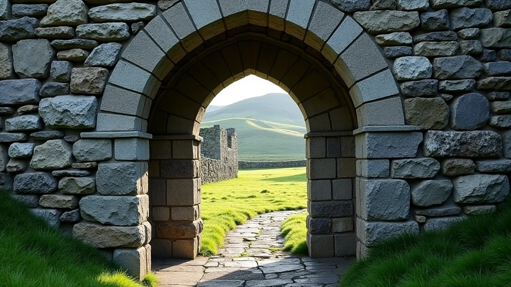 Close-up detail of weathered stone archway within Murrisk Abbey ruins, showing medieval masonry