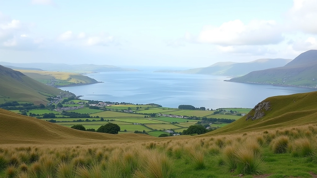Clew Bay panoramic view with islands, coastal landscape, scenic viewpoint, water vista