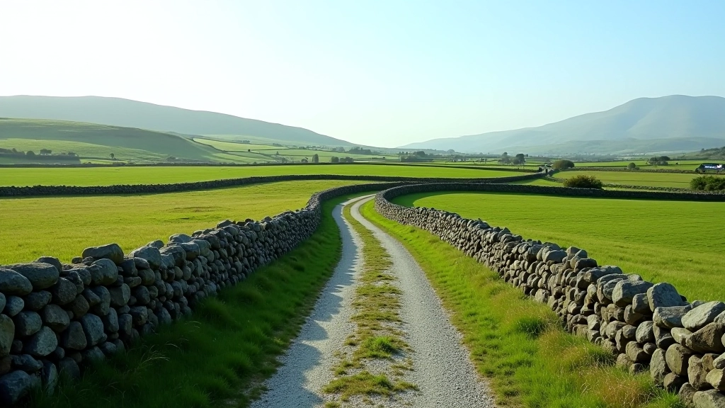 Scenic walking path with green fields on either side, stone walls bordering the route, and distant mountain views
