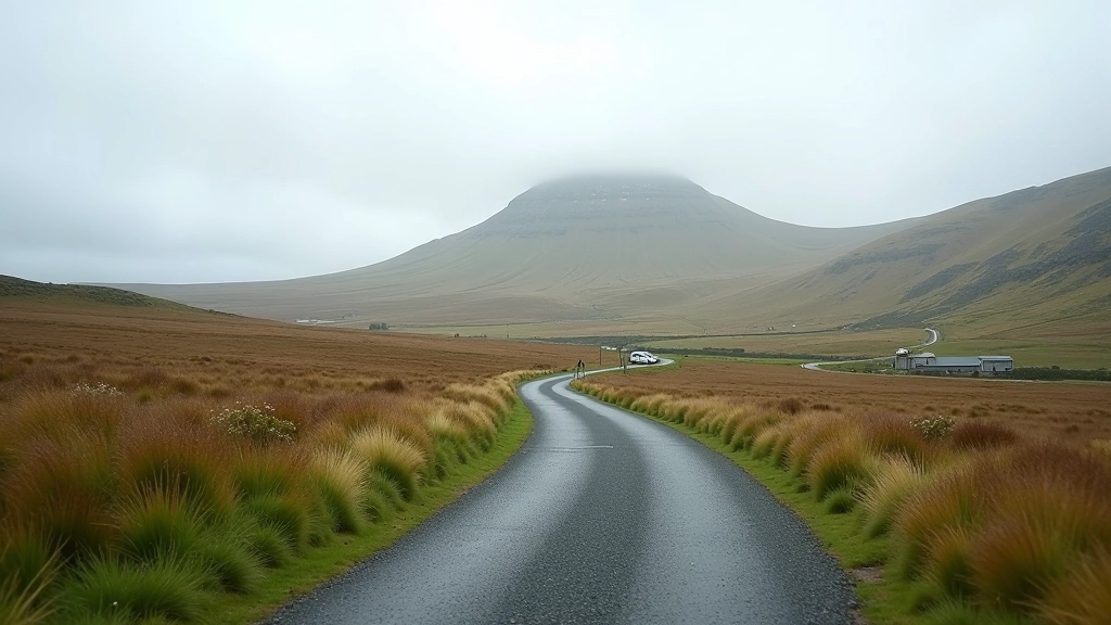 Croagh Patrick mountain and car park area with walking paths