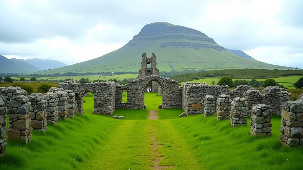 Historic abbey ruins in landscape, old stone structures, green hillside background, outdoor heritage site, daytime