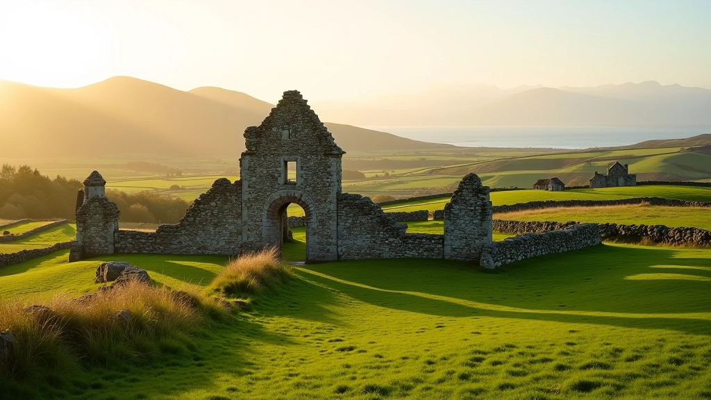 Panoramic view of Murrisk Abbey ruins surrounded by green fields with Croagh Patrick mountain visible in distance