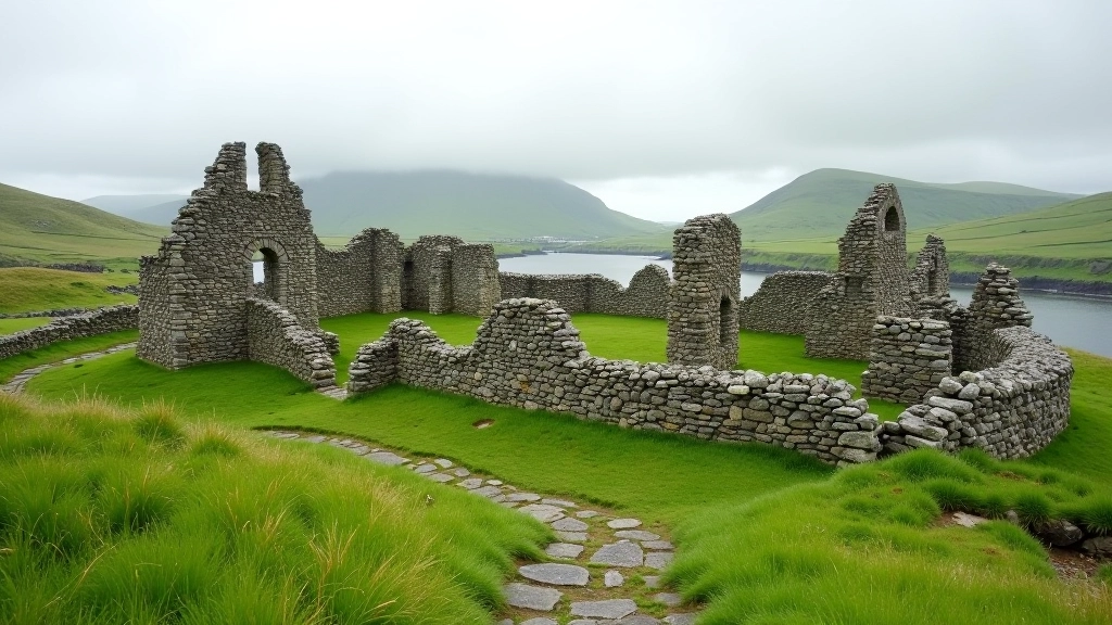 Historic abbey ruins, stone structures, green landscape, heritage site, countryside