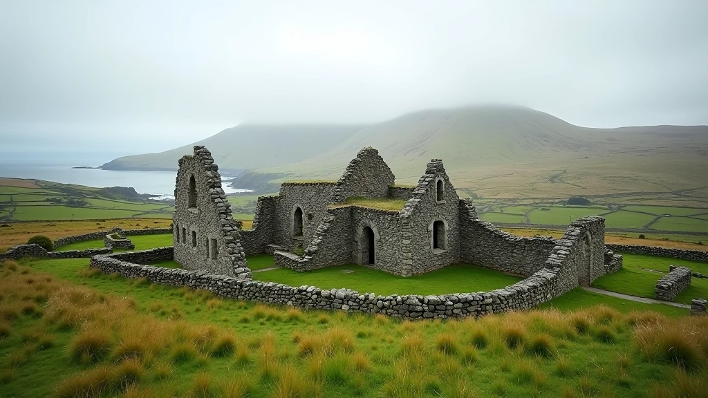 Historic Murrisk Abbey ruins with surrounding landscape