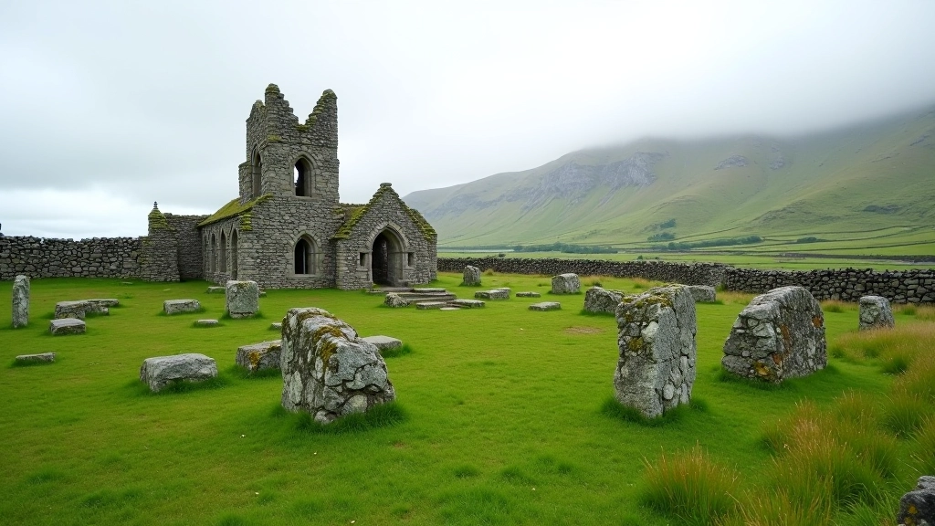 Historic Murrisk Abbey stone ruins surrounded by green countryside