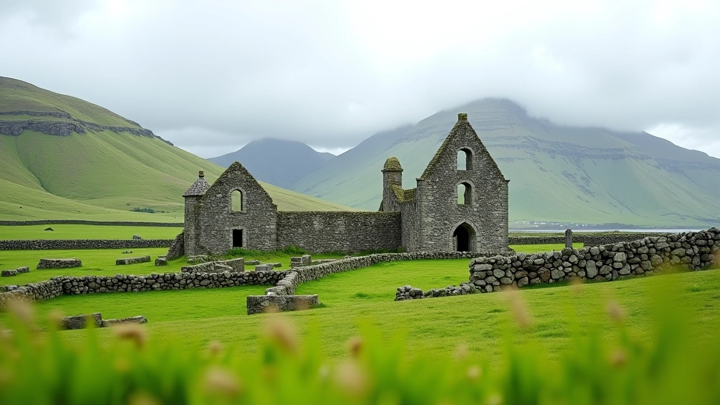 Historic ruins of Murrisk Abbey set against green hillsides and mountain backdrop