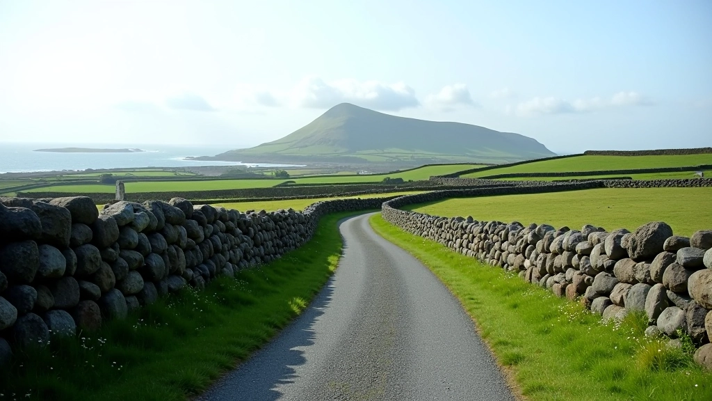 Rural Irish countryside path lined with hedgerows and stone walls, mountains in distance