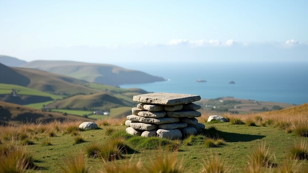 Stone shelter at the Clew Bay viewpoint with panoramic bay landscape in background