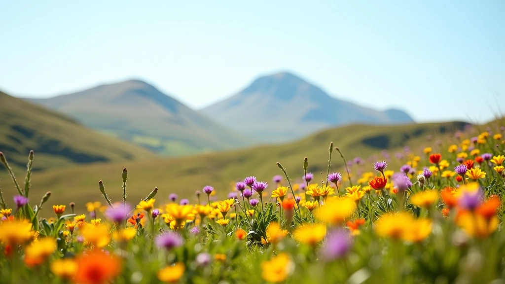 Wildflowers blooming on mountain slope with Croagh Patrick in background, spring season