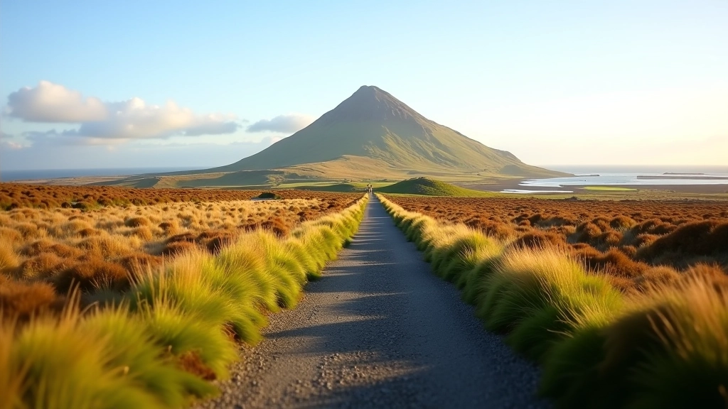 Mountain path with grass borders and distant Croagh Patrick peak on horizon