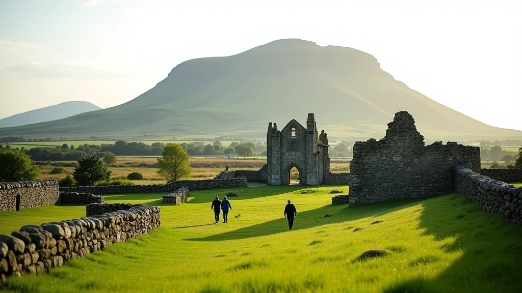 Historic Murrisk Abbey ruins with mountain backdrop