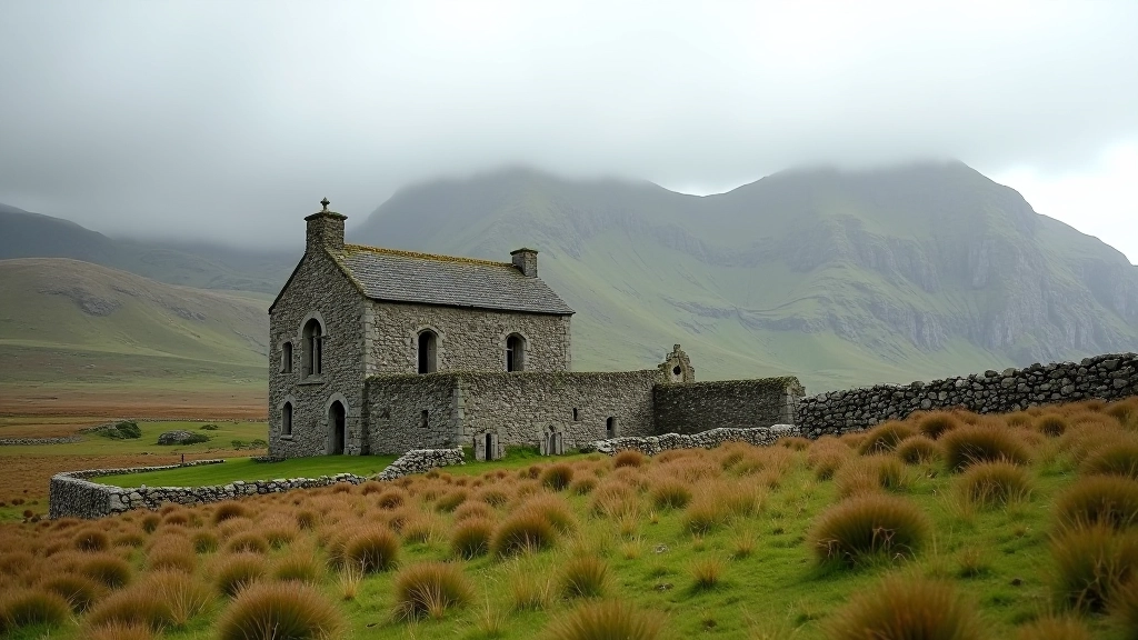Murrisk Abbey ruins set against mountain landscape