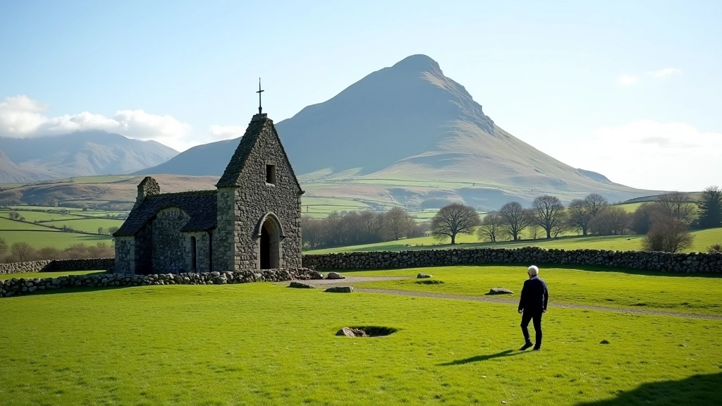 Murrisk Abbey ruins with Croagh Patrick mountain dominating the background, green valley landscape