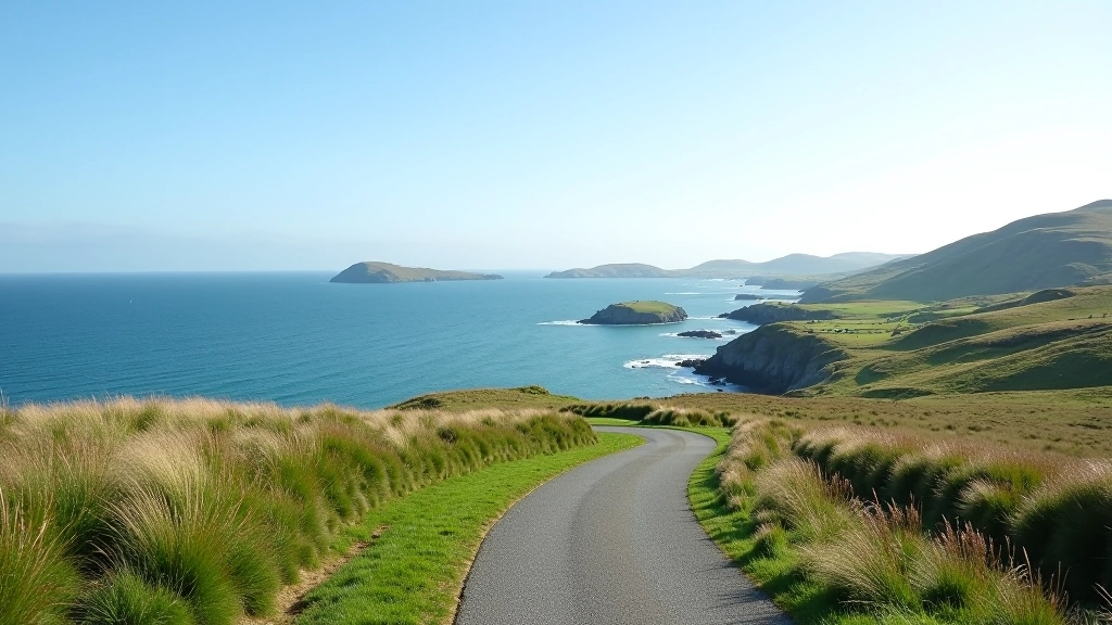 Panoramic bay view with islands scattered across water, coastal landscape, scenic overlook, bright daylight