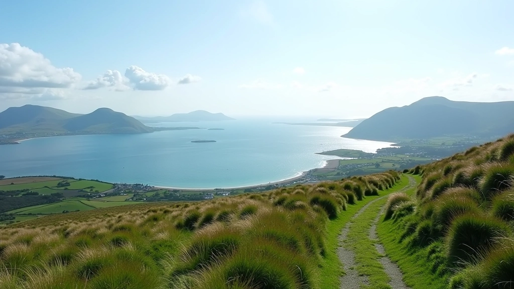 Panoramic view across Clew Bay with islands dotting the water and green hillsides