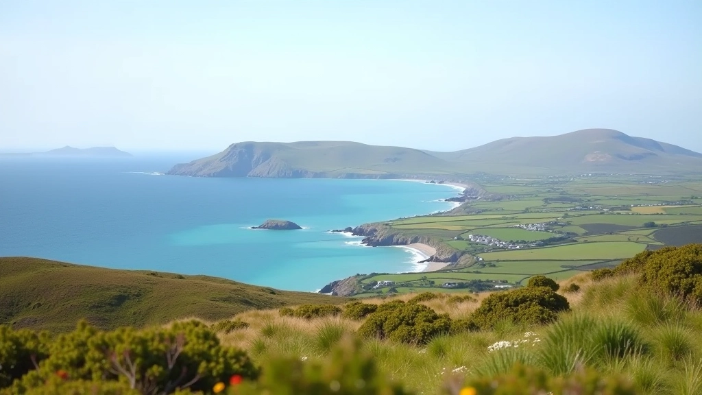 Panoramic view of Clew Bay from the viewpoint showing islands dotting the water