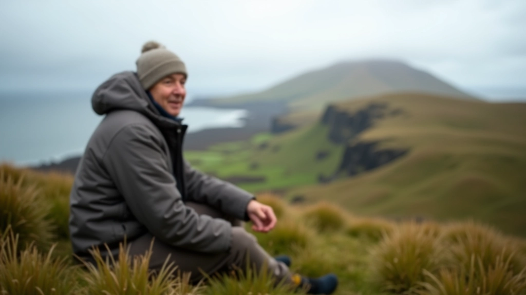 Hiker resting on grass with mountain views, taking a break during walk