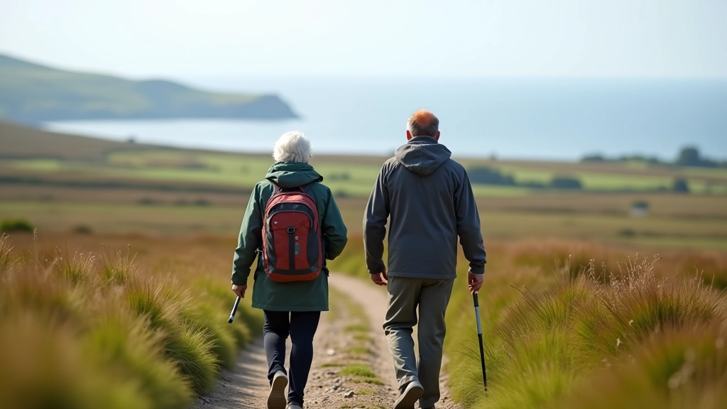 Hikers walking on moorland path with Clew Bay visible in the distance
