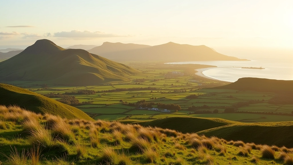 Panoramic view of Croagh Patrick mountain and Clew Bay landscape in County Mayo