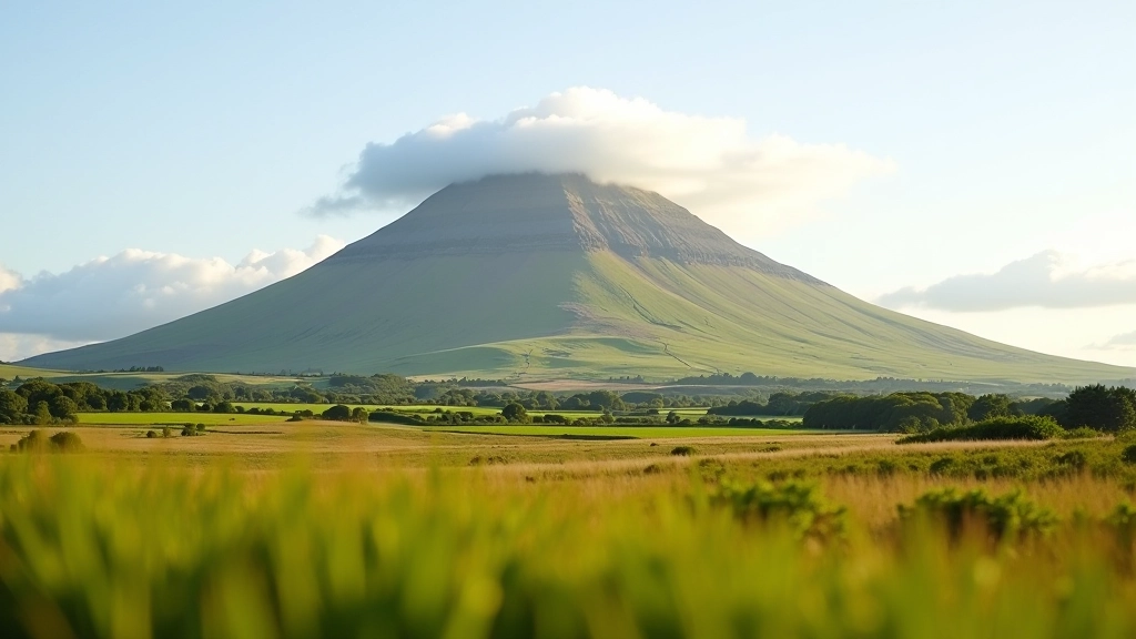 Scenic view of Croagh Patrick mountain from car park level with green fields in foreground