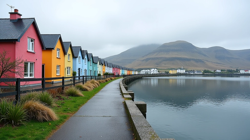 Waterfront path in Westport with colorful buildings reflected in calm water and mountain backdrop
