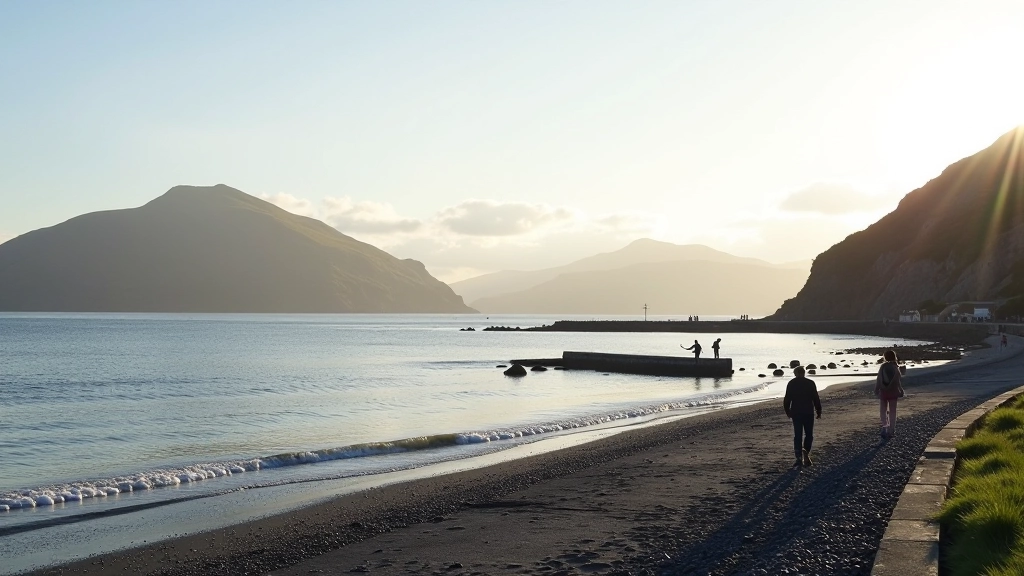 Westport waterfront with Croagh Patrick mountain visible across the bay, morning light on water