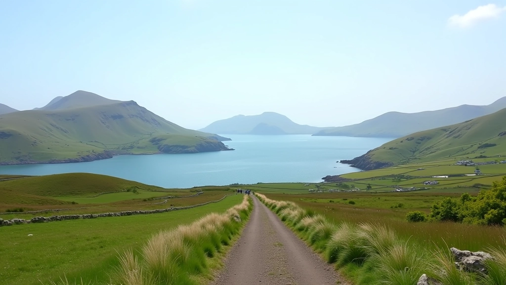Scenic mountain vista over Clew Bay with islands visible, green rolling landscape, clear sky, outdoor nature scene