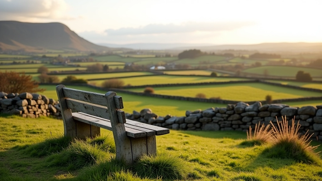 Wooden bench overlooking Murrisk Valley with abbey ruins visible in middle distance and mountain backdrop